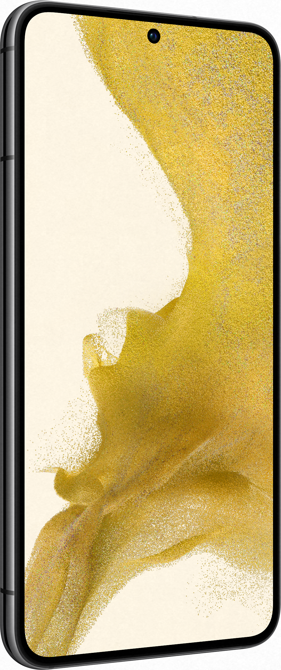 Profil latéral d'un smartphone, montrant un cadre noir et un dos doré texturé.