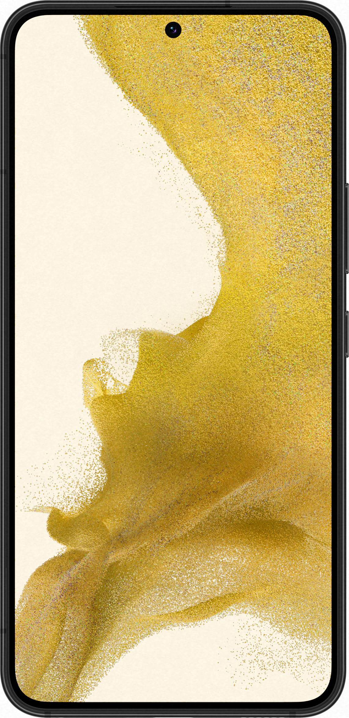 Un téléphone portable avec un effet doré, montrant un arrière-plan flou. Le téléphone est noir.