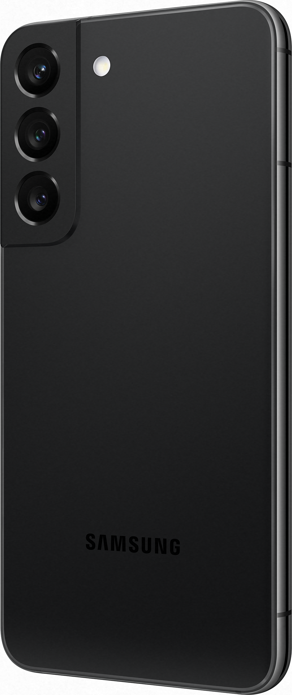 Un smartphone Samsung noir, vue arrière, présentant trois objectifs d'appareil photo et le logo Samsung.
