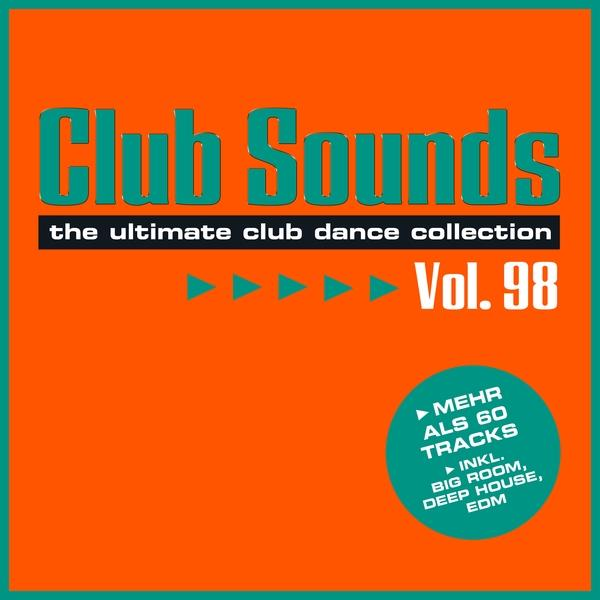 Orangenes Albumcover mit den Worten 'Club Sounds' in Teal und 'Vol. 98' in Weiß.