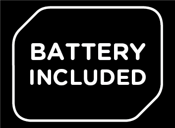 Schwarzer Hintergrund mit weißem Text: 'BATTERY INCLUDED' in weißer Umrandung.