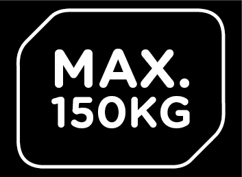 Ein Schwarz-Weiß-Bild mit dem Text 'MAX. 150KG' in einer weiß umrandeten Form.