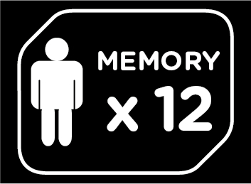 Eine weiße Grafik mit einer Strichmännchenfigur und den Worten 'MEMORY x 12' in einem weißen und grauen Umriss.