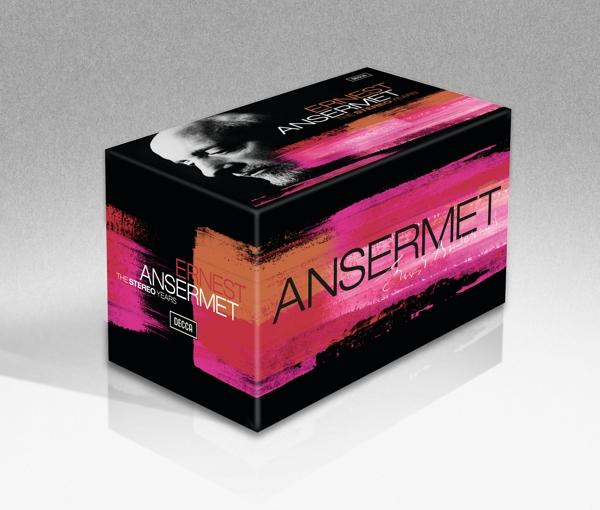 Coffret : Ernest Ansermet, The Stereo Years. Boîte noire avec coups de pinceau roses et oranges et un visage.