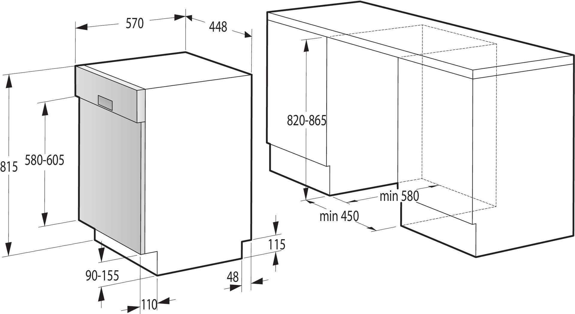 Diagramm eines Geschirrspülers. Zeigt Abmessungen mit Pfeilen und Zahlen.