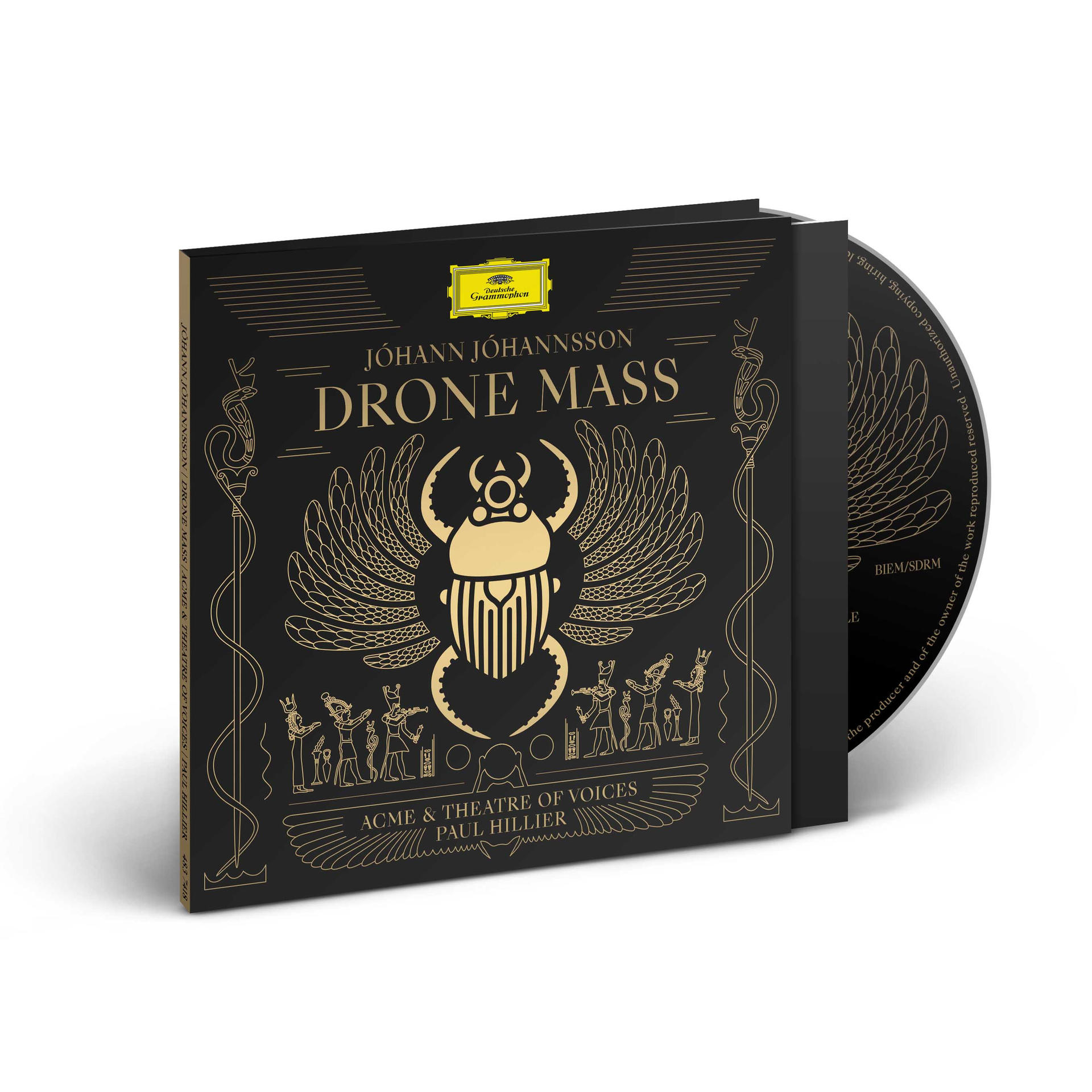 Ein schwarzes Albumcover mit goldenem Text, einem Käfer und den Worten 'Drone Mass'.