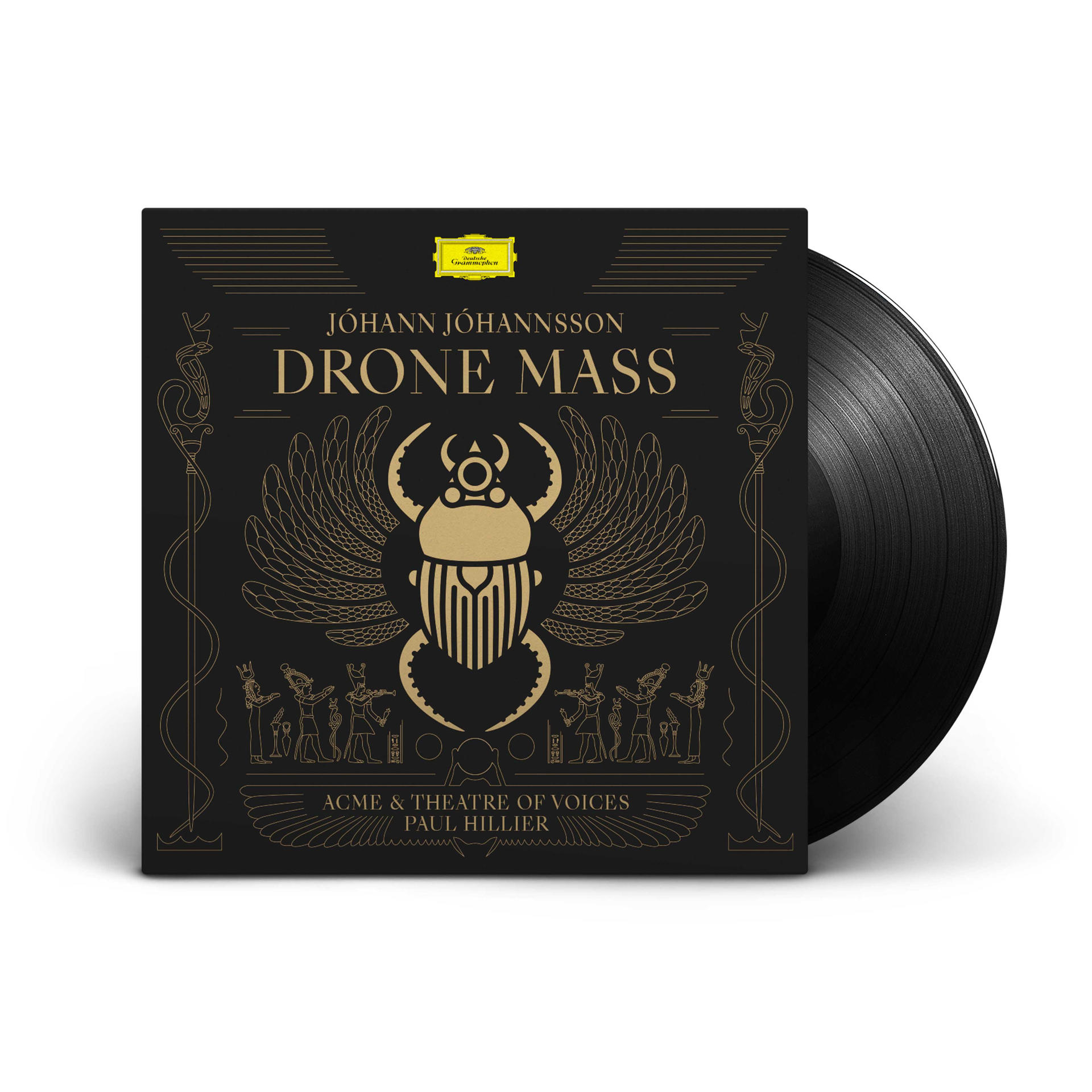 Schwarze Schallplatte mit Cover-Art. Das Cover hat einen Käfer und Hieroglyphen in Gold.