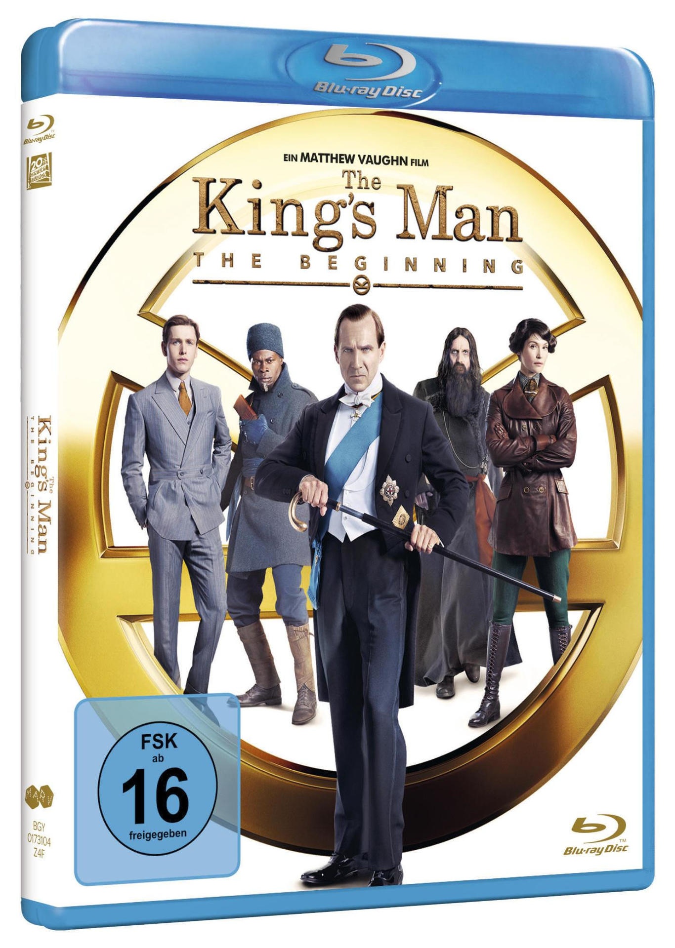 The King's Man Blu-ray Disc Cover. Gruppe von Leuten posiert. Text und Logo sind sichtbar.
