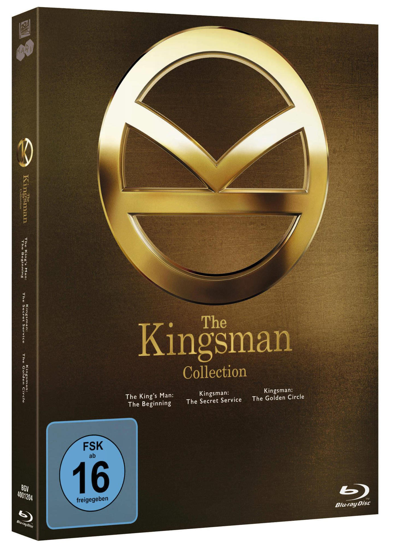 Die Kingsman Collection Blu-ray Box-Set. Gold-Logo auf dunklem braunen Hintergrund.