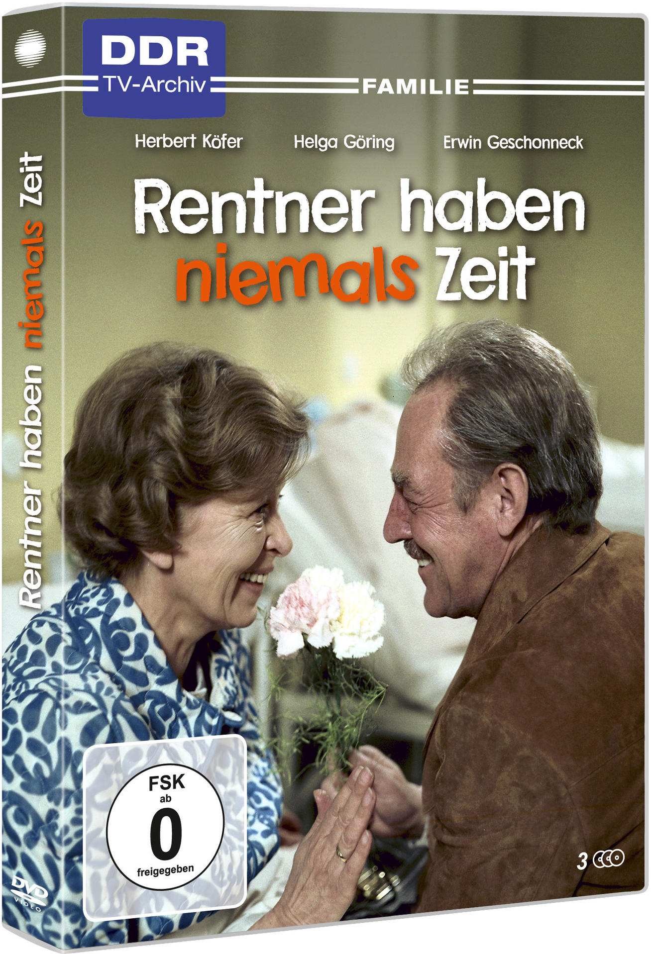 DVD-Box 'Rentner haben niemals Zeit', zeigt lächelndes Paar mit Blume.
