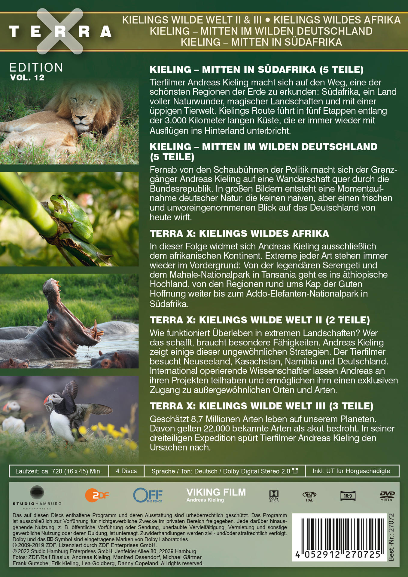 Die Rückseite einer DVD-Hülle mit Bildern von Löwen und anderen Wildtieren.