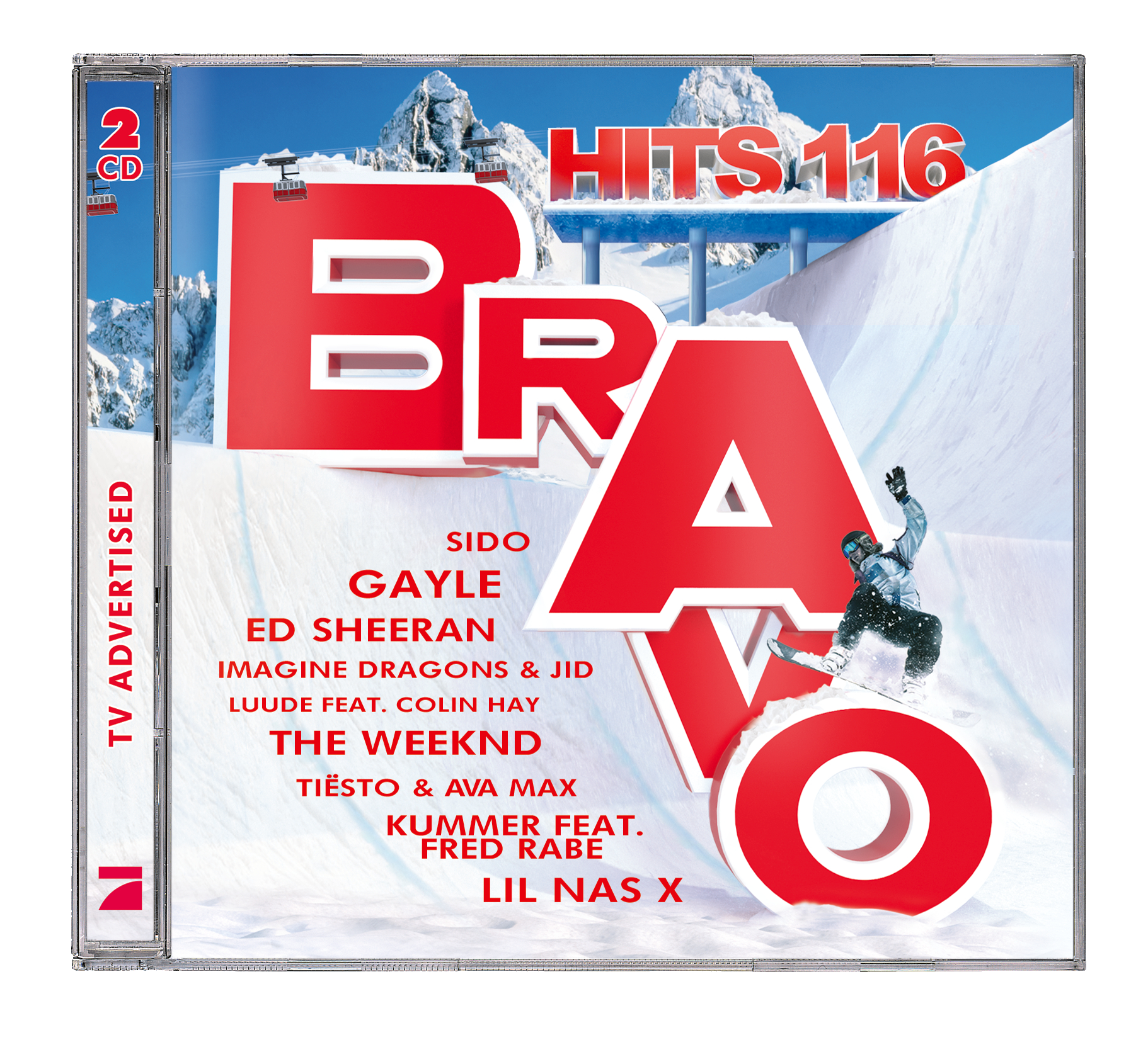 CD-Hülle mit Text 'BRAVO HITS 116' und Snowboarder auf verschneitem Hintergrund.
