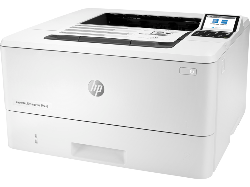 Fehér HP LaserJet Enterprise M406 nyomtató. Van egy kijelzője és egy papírtálcája.