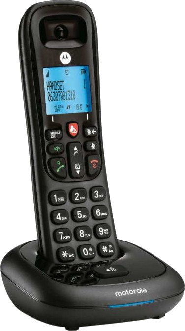 Zwarte Motorola draadloze telefoon met display en basis.