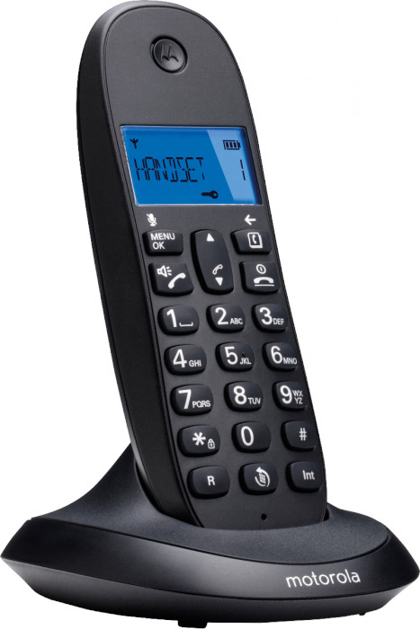 Un téléphone sans fil noir avec un écran bleu et des boutons numériques sur une base.