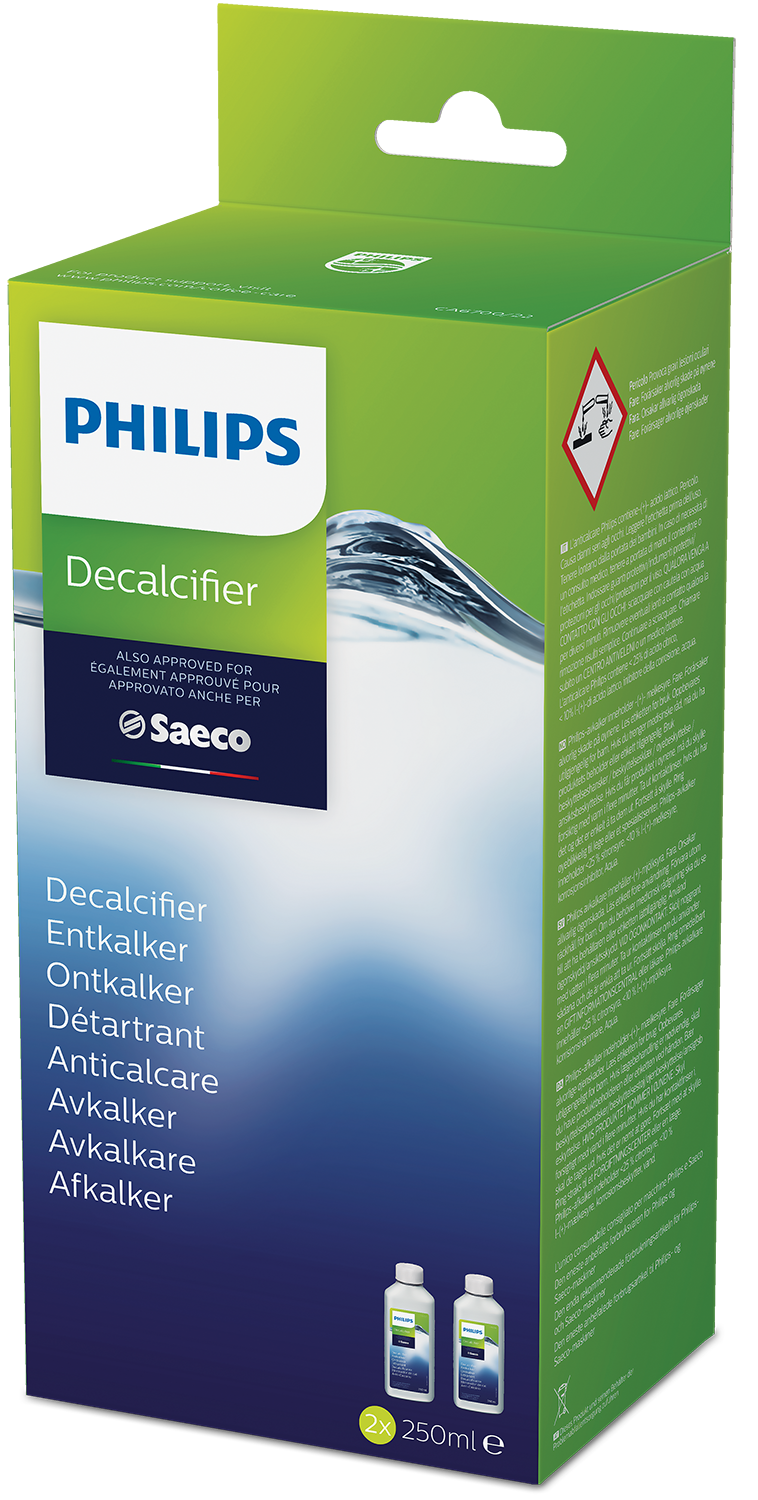 Philips decalcifier box. Two bottles, green packaging, text in multiple languages.