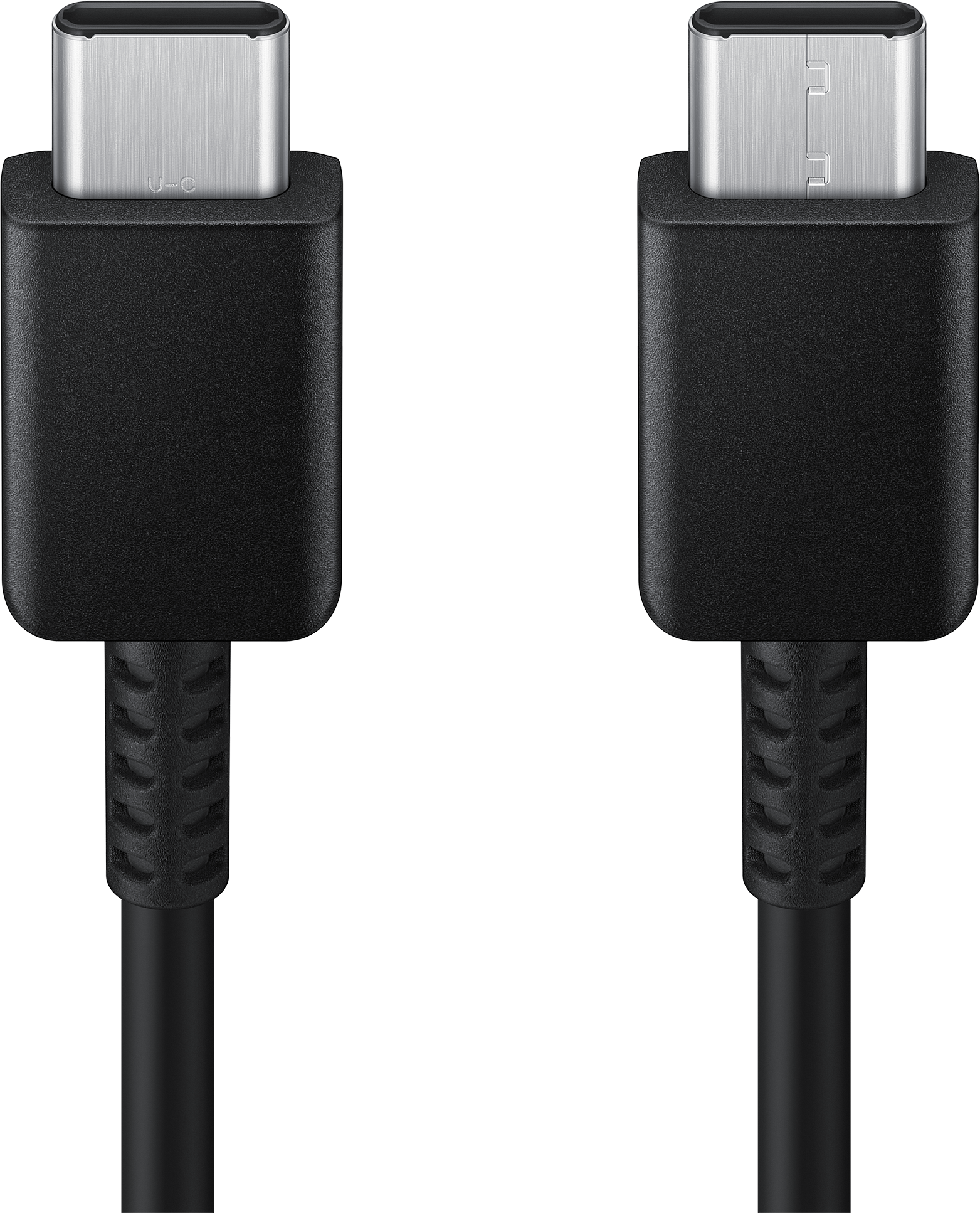 Due cavi USB-C neri con connettori USB-C, primo piano su sfondo nero.