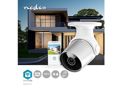 NEDIS Smartlife Außenkamera, IP65, WLAN, FHD, Nachtsicht, Cloud/MicroSD, Netzstrom, Silber/Weiß