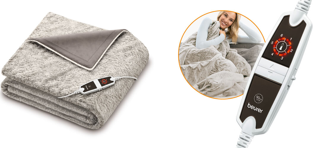 Coperta elettrica grigia piegata con un pannello di controllo. Donna nell'inserto che usa la coperta.
