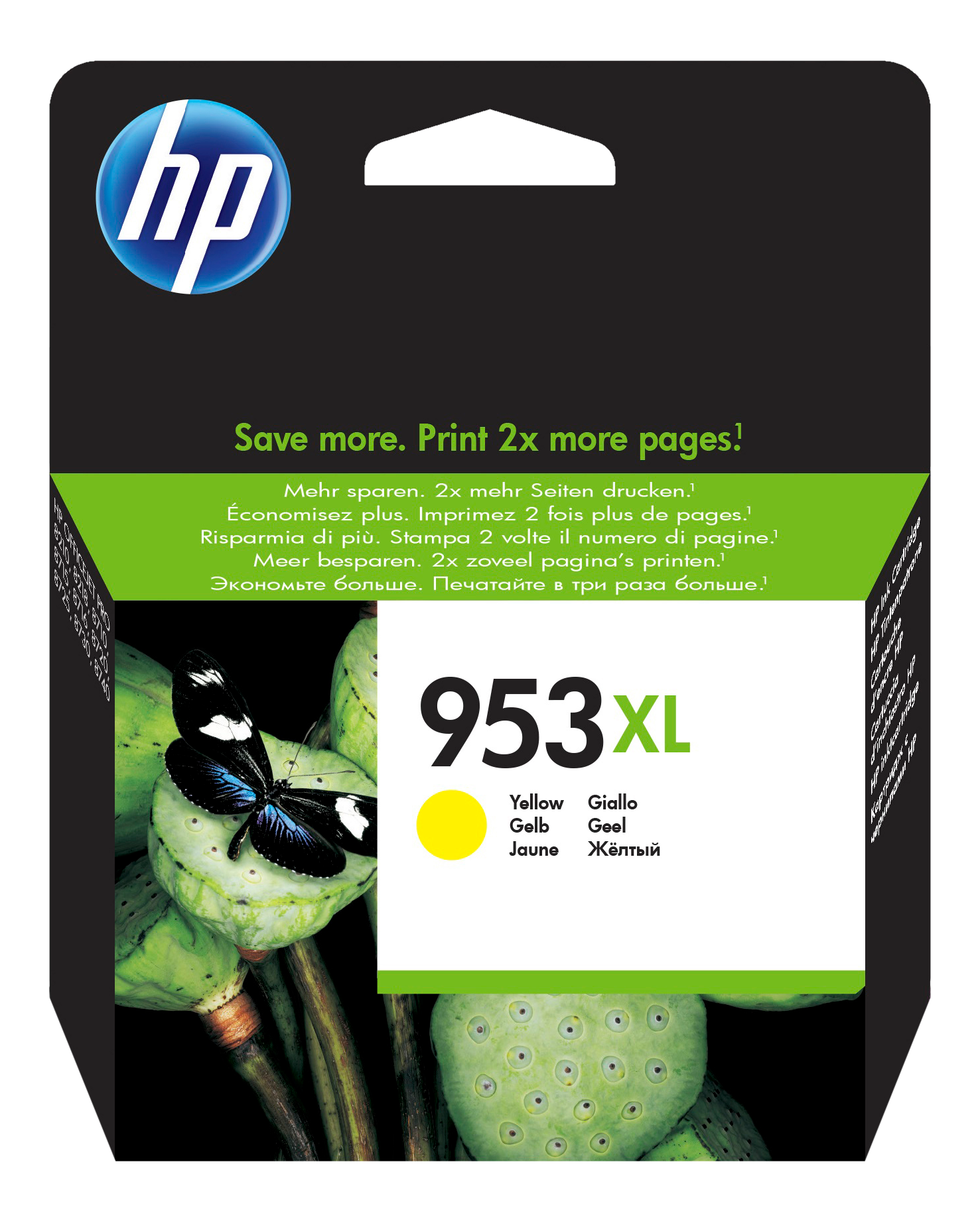 Cartouche d'encre jaune HP 953XL. La cartouche est noire avec un cercle jaune et du texte.