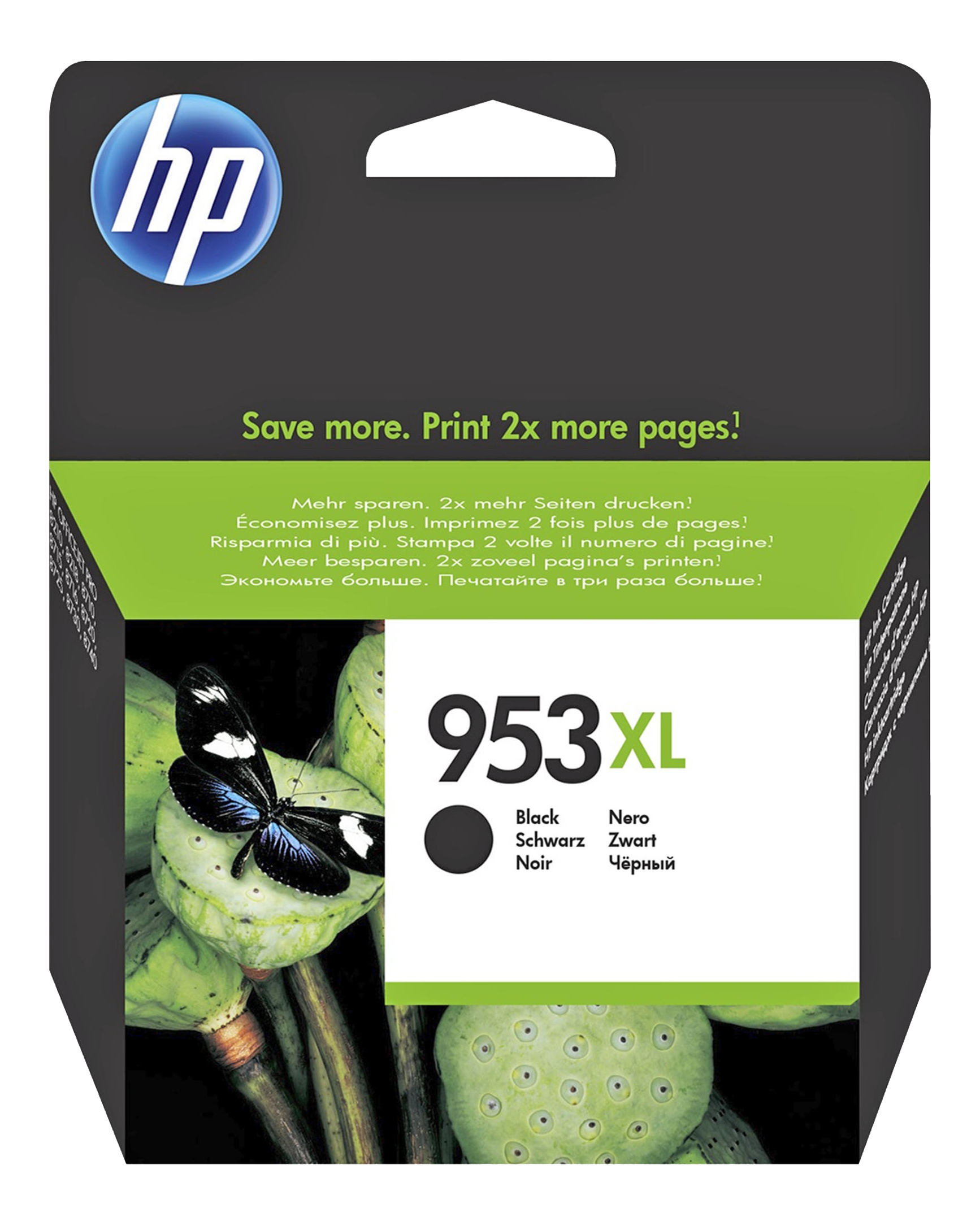 Confezione cartuccia inchiostro nero HP 953XL. Include una farfalla su foglie verdi.