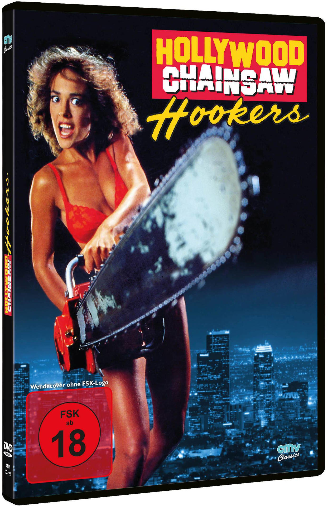 DVD-Hülle, Filmplakat zeigt Frau mit Kettensäge. Rotes und schwarzes Cover, Stadt-Hintergrund. 'Hollywood Chainsaw Hookers'.