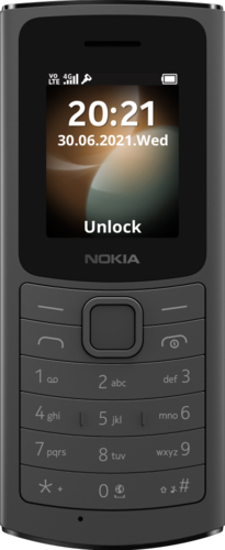 Een donkergrijze Nokia-telefoon toont de tijd en datum op het scherm. De telefoon heeft een toetsenbord met cijfers en symbolen.