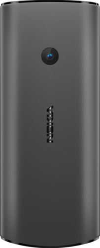 Een donkergrijze Nokia-telefoon met een cameralens bovenaan en het Nokia-logo eronder. De telefoon heeft een cilindrische vorm.
