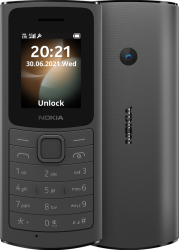 Donkergrijze Nokia-telefoon met een scherm dat de tijd en 'Unlock' weergeeft. Zwarte toetsen zijn zichtbaar.