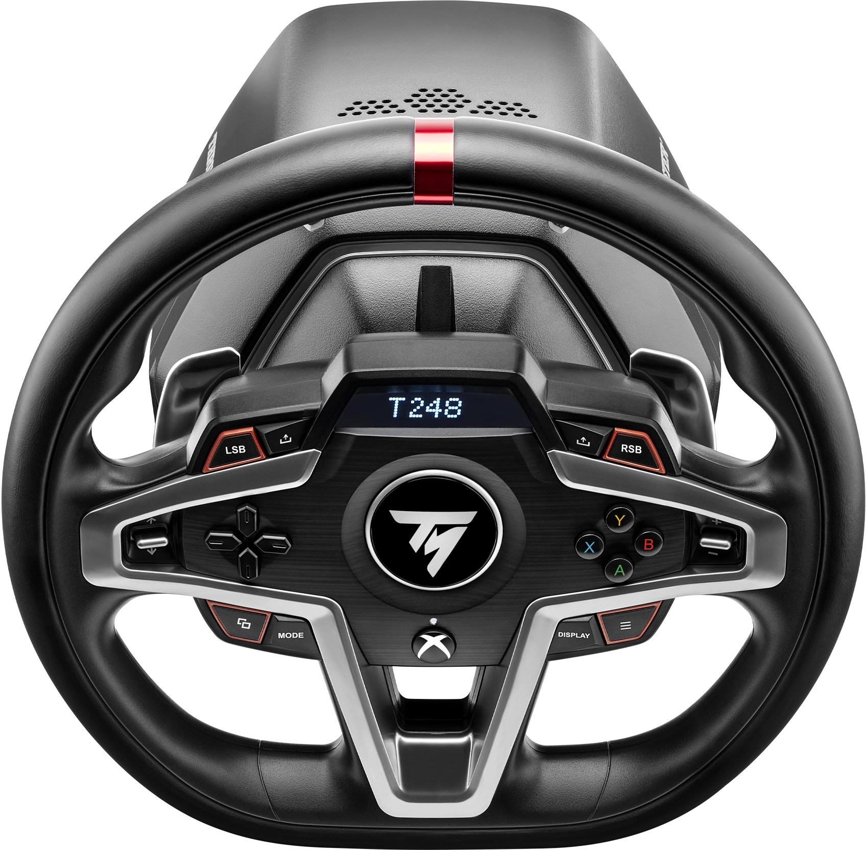 Un volante da gioco nero e argento con pulsanti e un display.
