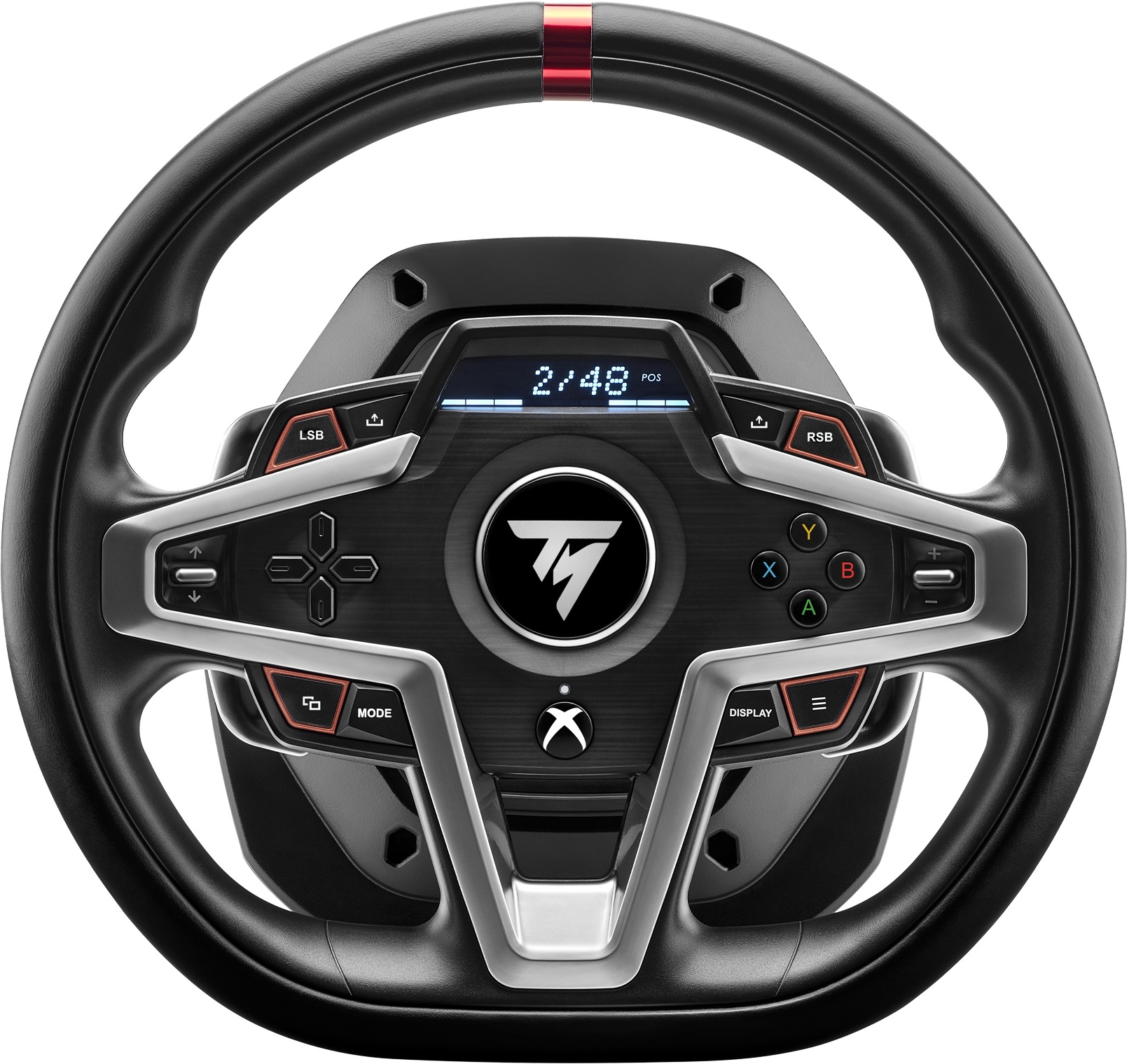 Volante nero con dettagli argentati, pulsanti, schermo e logo Xbox.