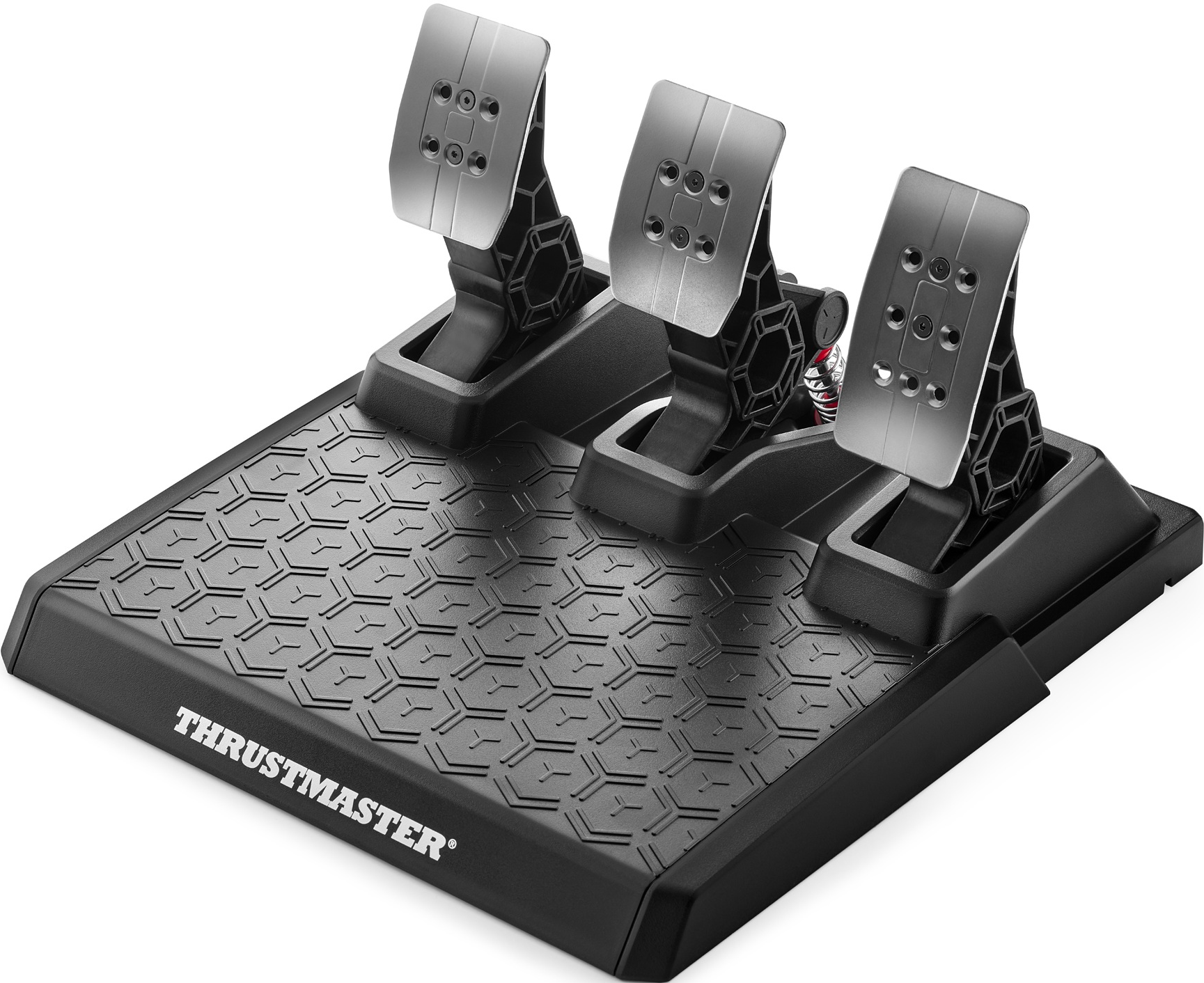 Set pedali Thrustmaster nero. Tre pedali argentati su base nera a fantasia.