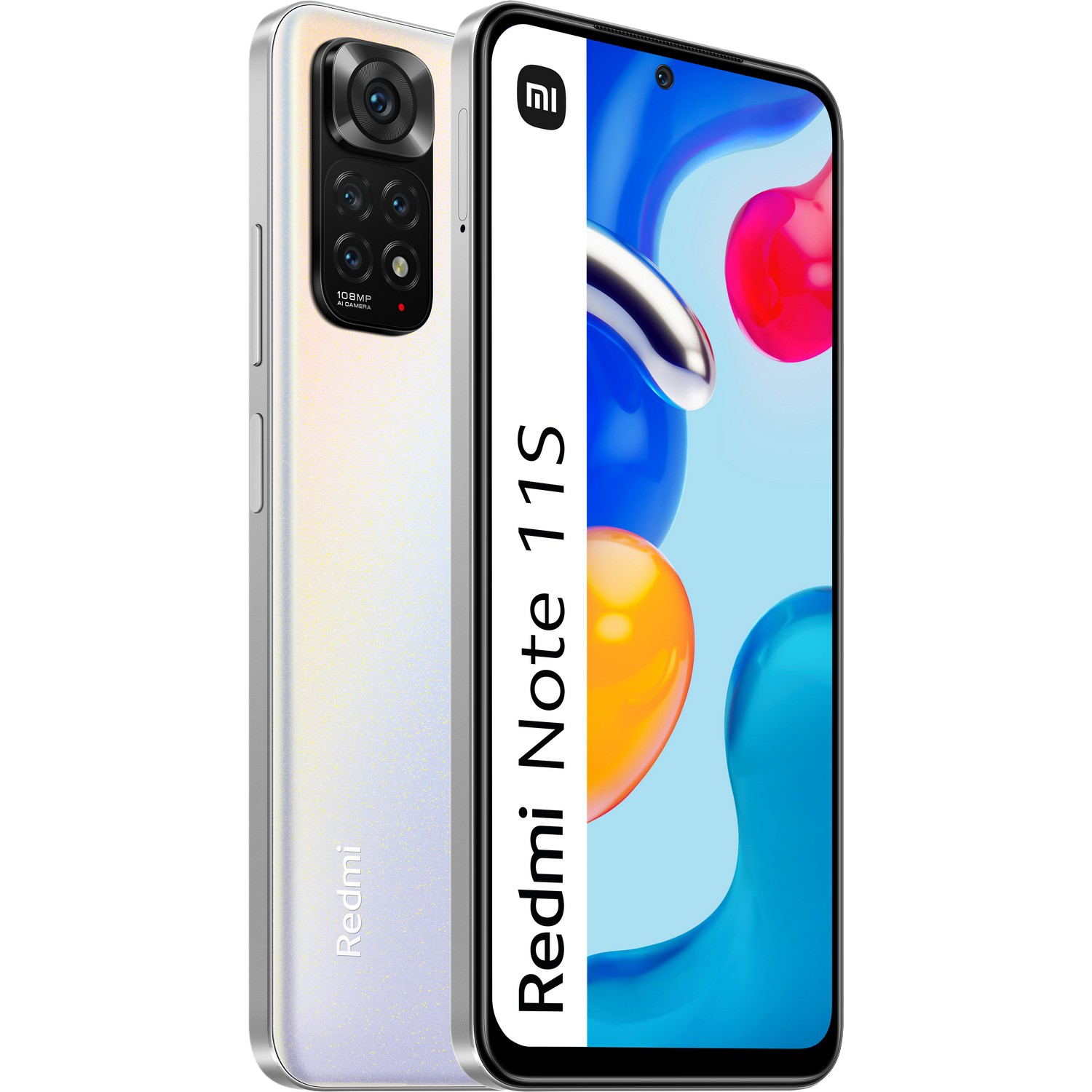 Dos smartphones, uno blanco, uno negro, uno junto al otro. La pantalla frontal es visible mostrando un fondo colorido.