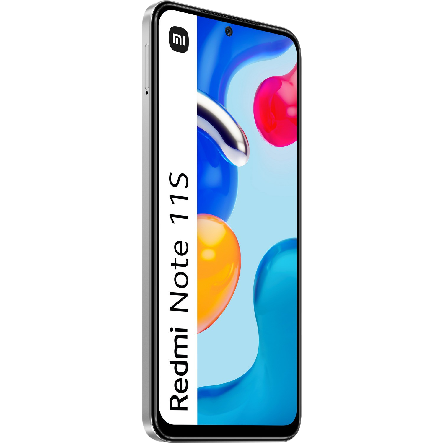 Un teléfono inteligente con una barra blanca que tiene el nombre de la marca y un fondo azul.