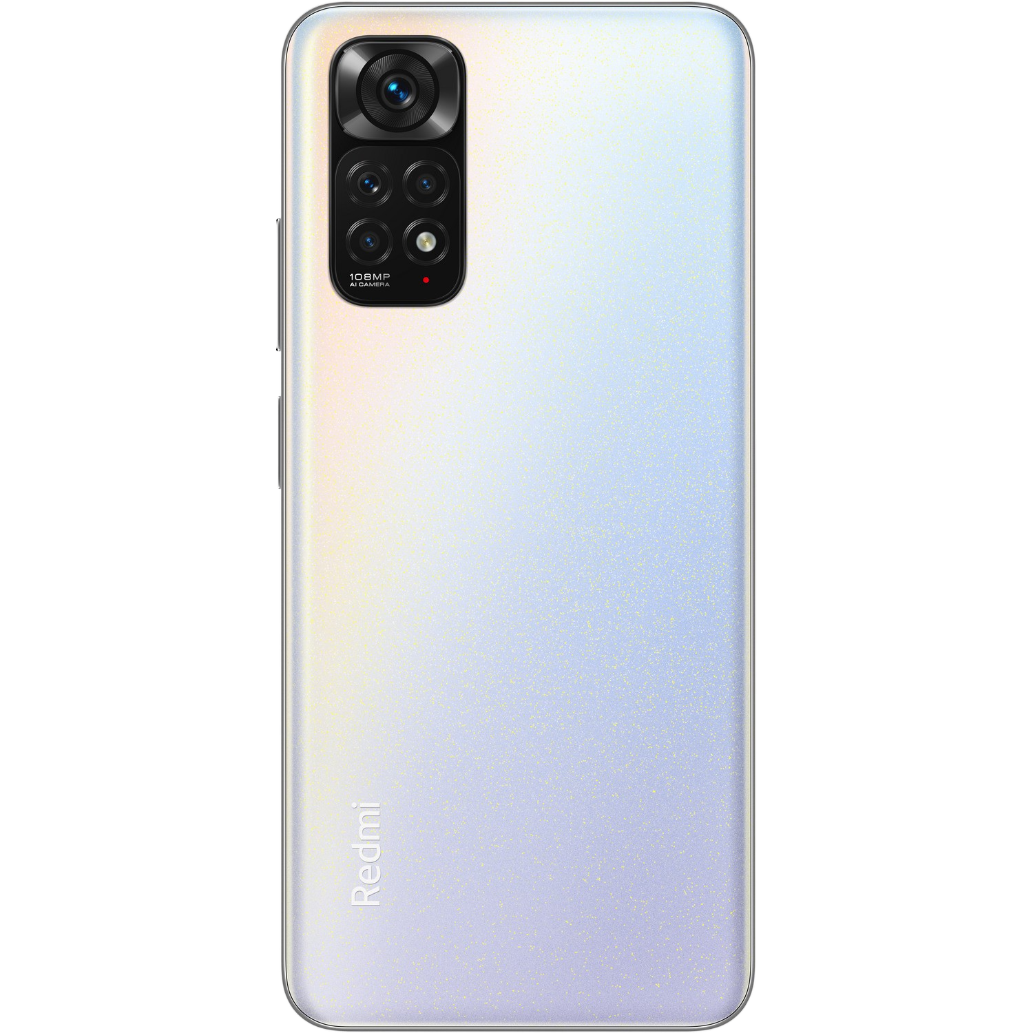 Parte trasera de smartphone blanca con conjunto de cámaras y logo Redmi.