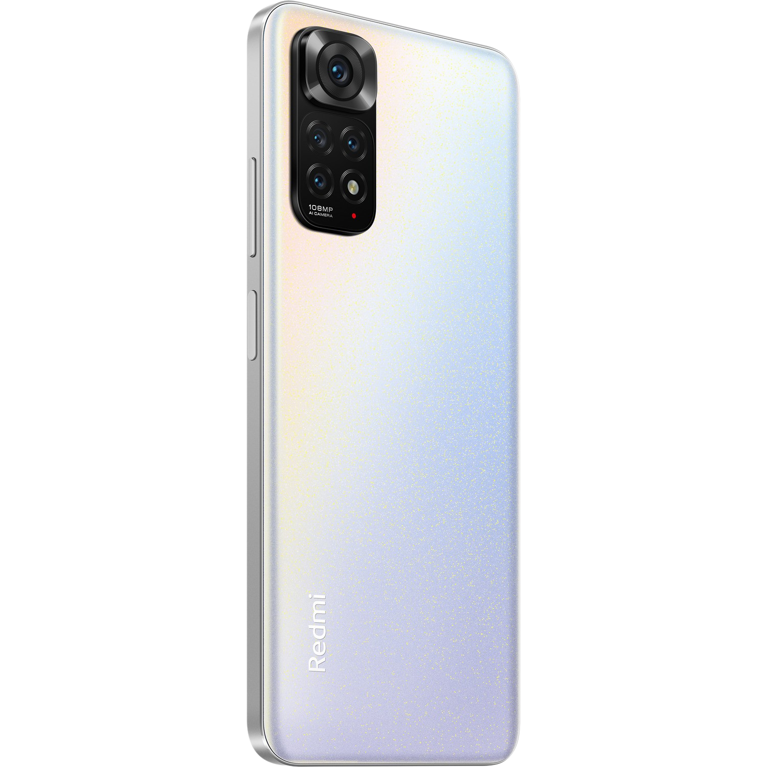 Smartphone blanco, vista trasera, múltiples cámaras, logo Redmi.