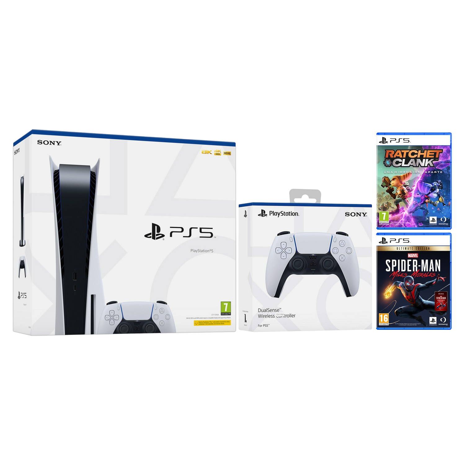 Consola - Sony PS5, 825GB, 4K, HDR, Blanco + Mando DualSense + Ratchet & Clank: Una Dimensión Aparte + Marvel's Spider-Man: Miles Morales (Ult. Ed.)