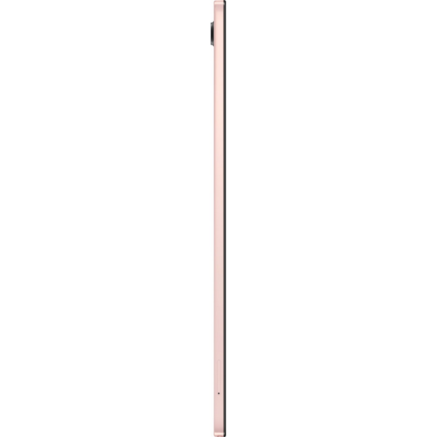 Vista lateral de una tableta de oro rosa. La tableta es delgada y tiene una cámara en la parte superior.