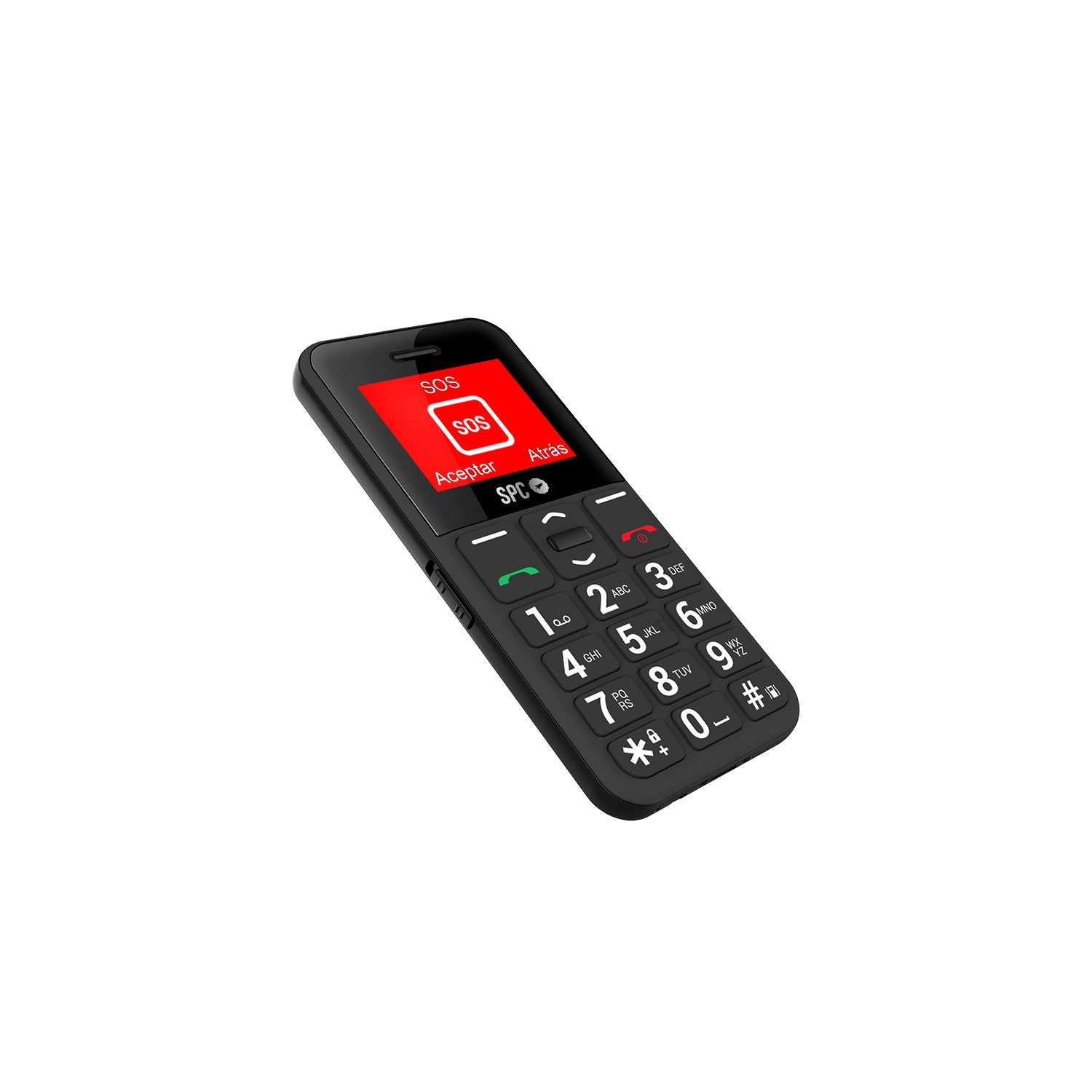 Teléfono móvil negro con botones grandes y un botón SOS en la pantalla.