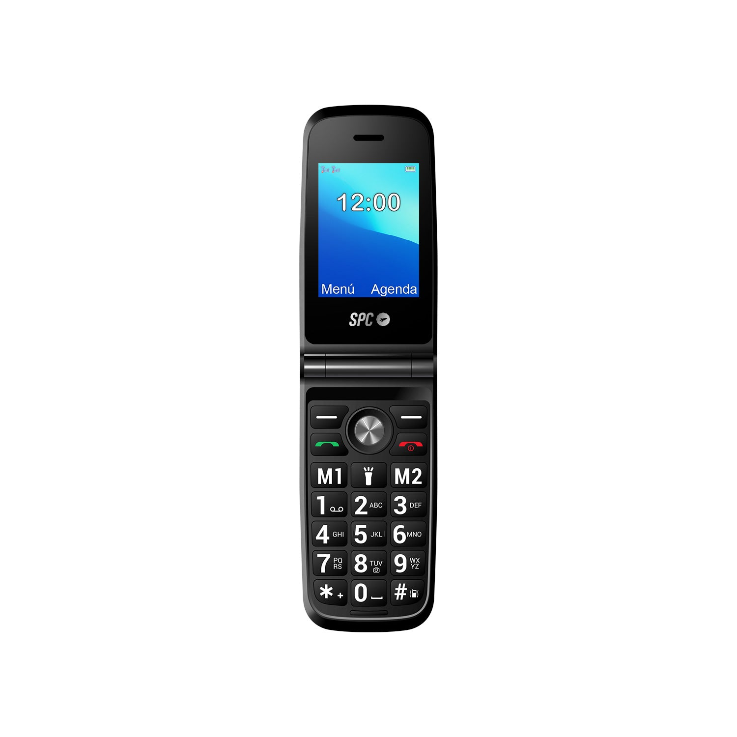 Un teléfono plegable negro está abierto, mostrando la hora 12:00 en la pantalla y un teclado.