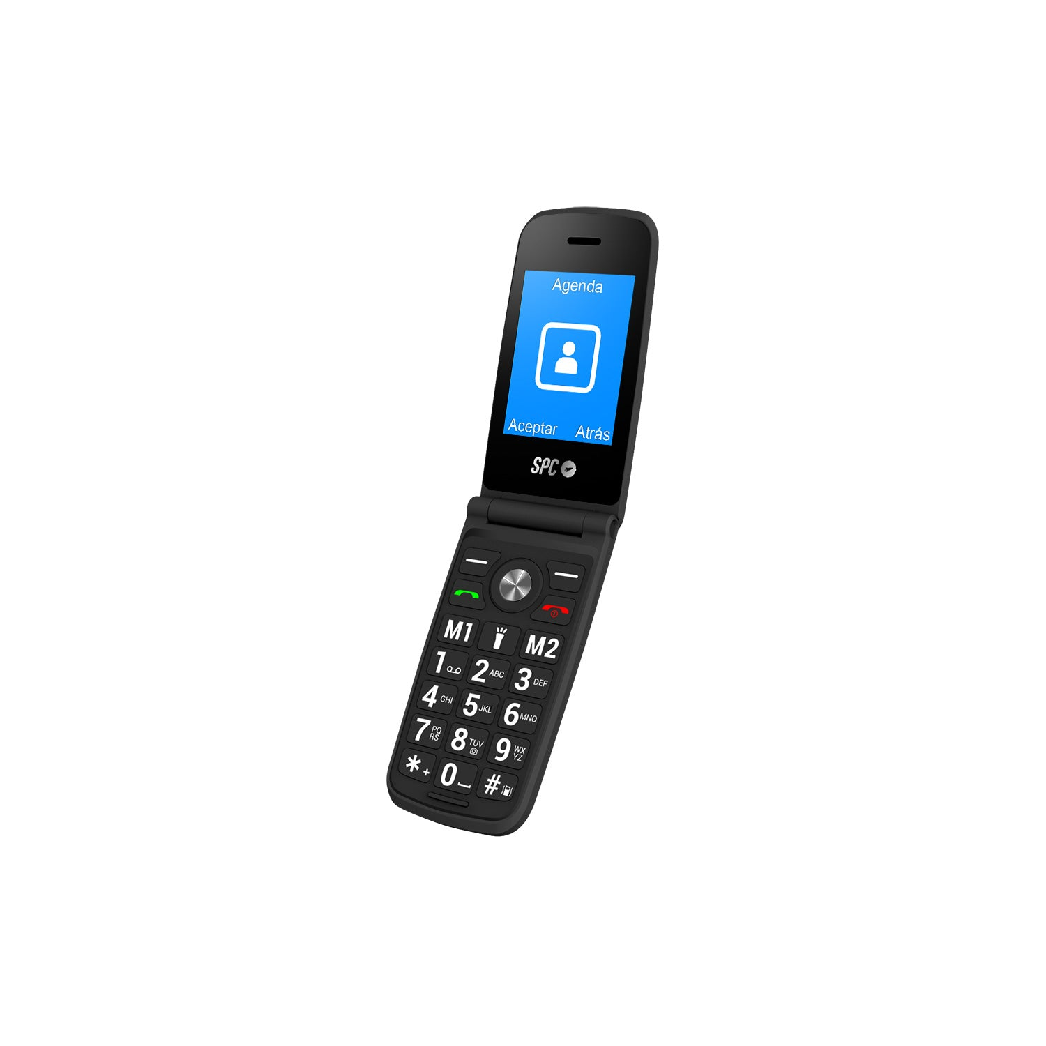 Teléfono plegable negro abierto, mostrando un icono de agenda. Teclado visible.