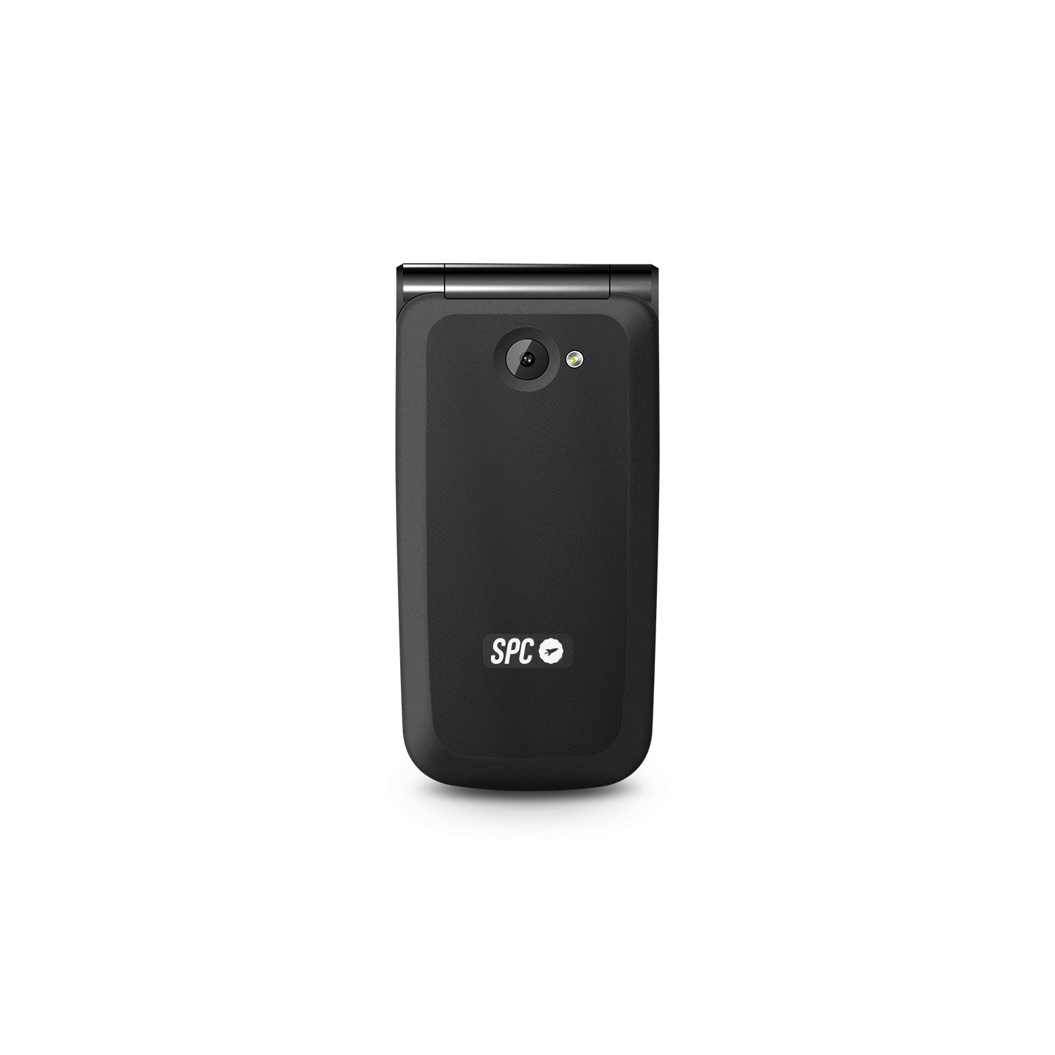 Teléfono plegable SPC negro, cerrado, sobre fondo blanco. Se ve el logo de SPC.