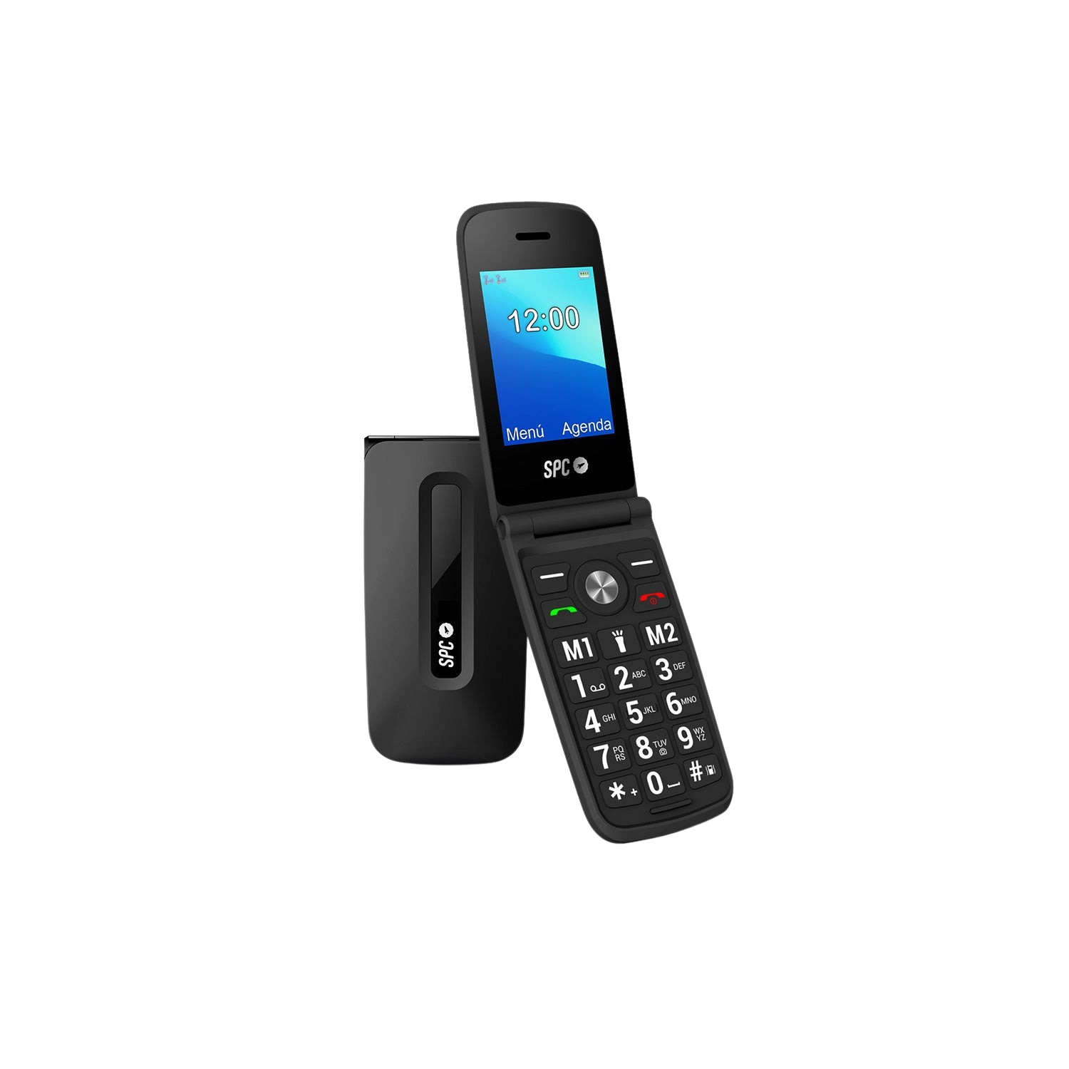 Spc Titan Negro 2.4 qvga dual sim plegable 500 contactos radio fm 800 mah vga alarma libre telecom 61 cm 24“ bluetooth de tapa para mayores botones y teclas grandes usar timbre notificaciones inteligentes configuración remota 2