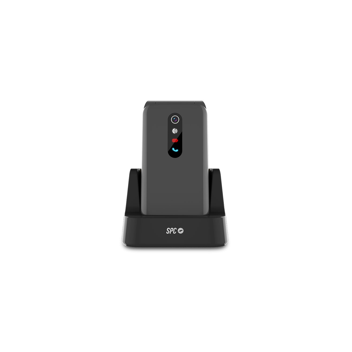 Teléfono plegable negro en un cargador. El teléfono tiene una pantalla y una base de carga.