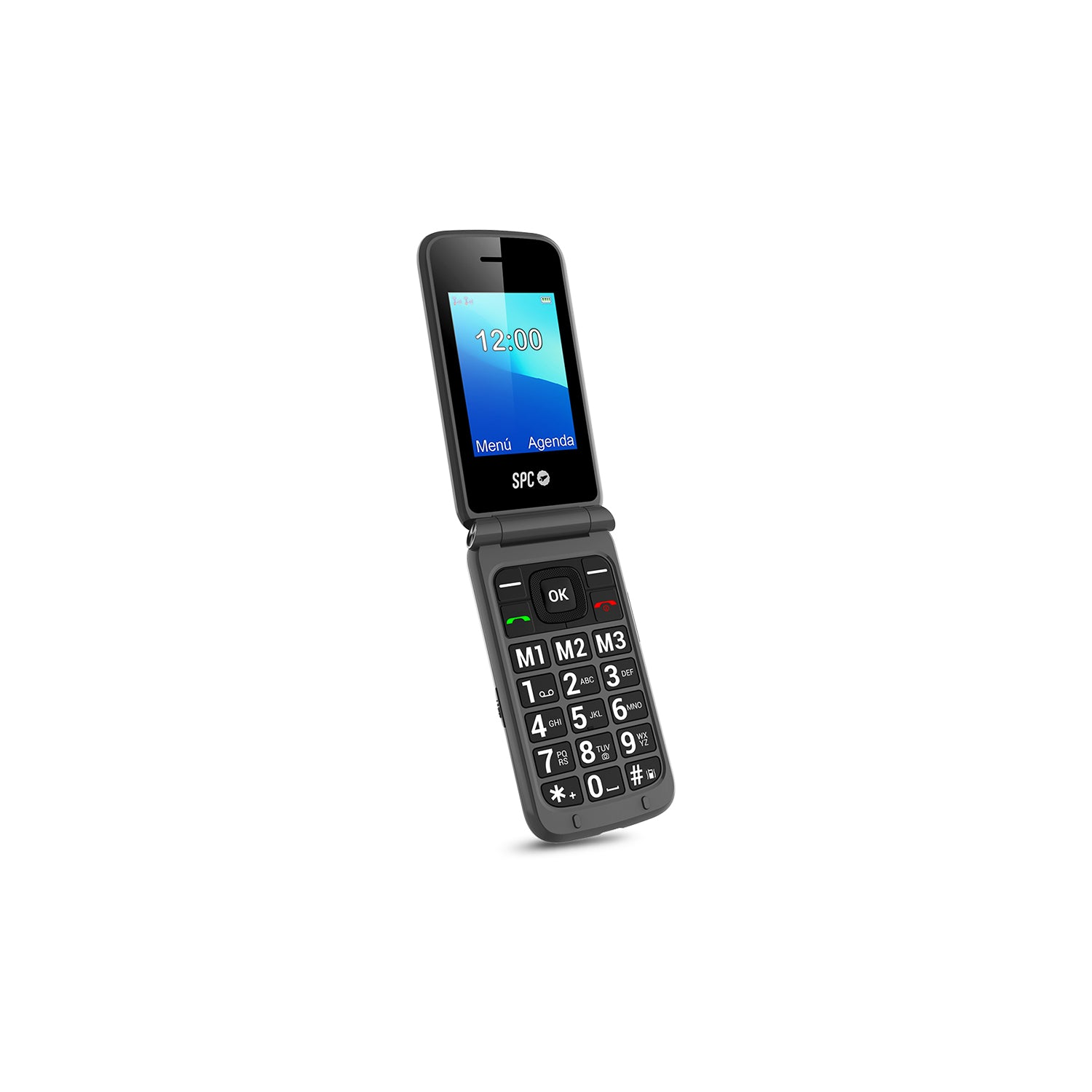 Un teléfono plegable negro con la pantalla abierta que muestra la hora, sobre fondo blanco.