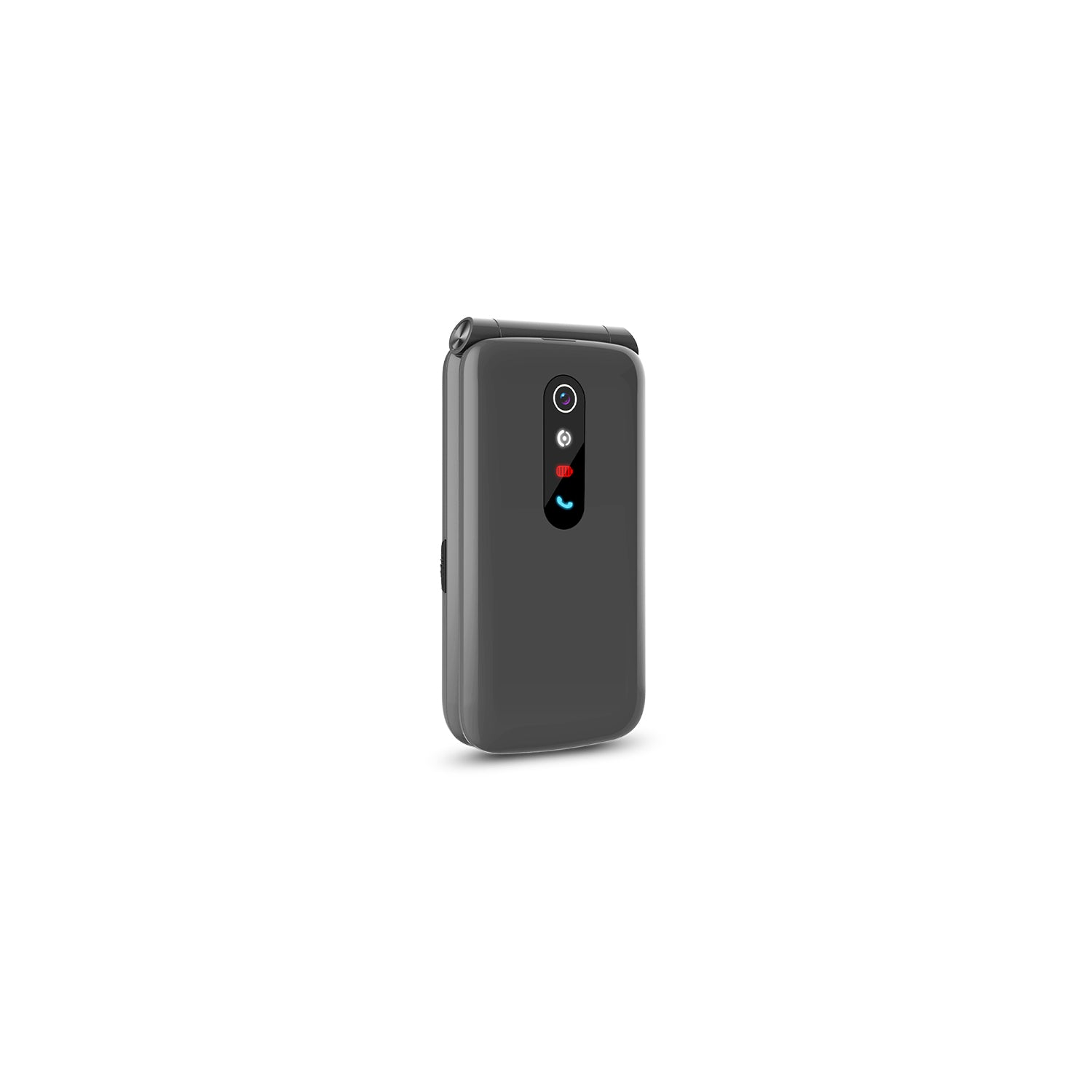 Teléfono plegable gris. El teléfono está cerrado. Tiene una cámara y una pequeña pantalla en el exterior.