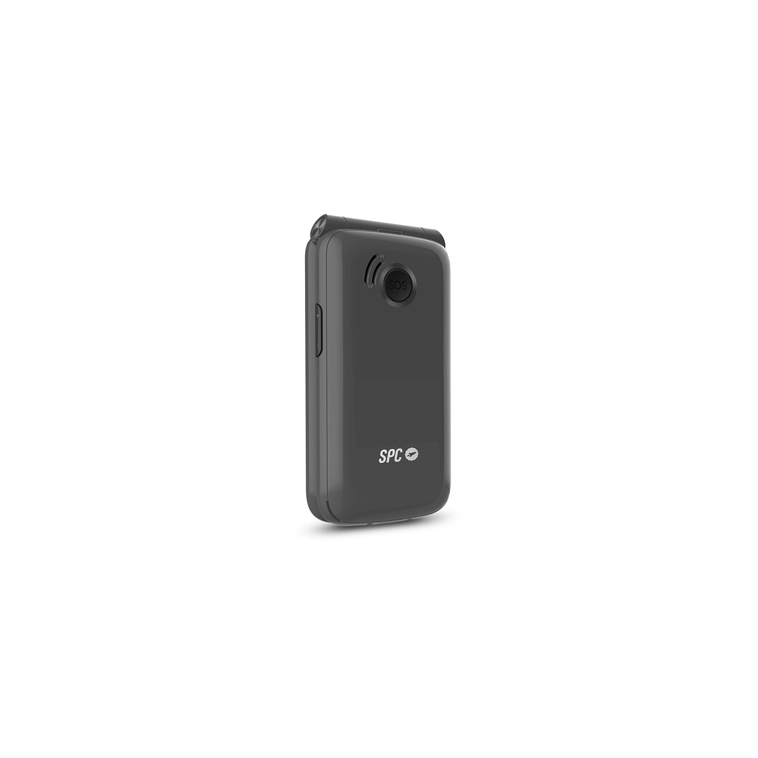 Un teléfono plegable negro de pie. Tiene un botón SOS y un logotipo blanco de SPC.