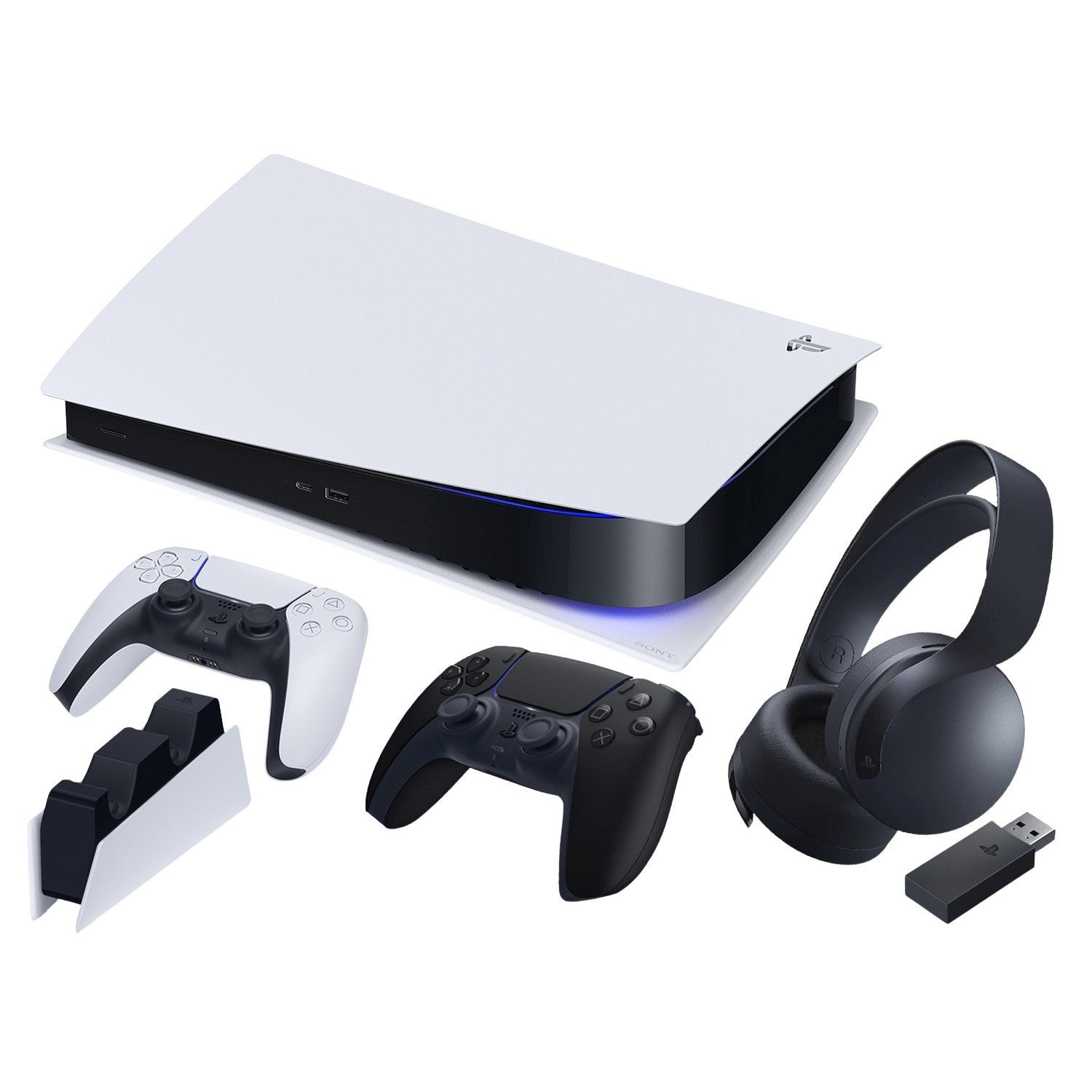 Consola - Sony PS5 Digital, 825GB, 4K, HDR, Blanco + 2 Mandos DualSense blanco/negro + Auriculares Pulse 3D + Base de carga DualSense Charging Station
