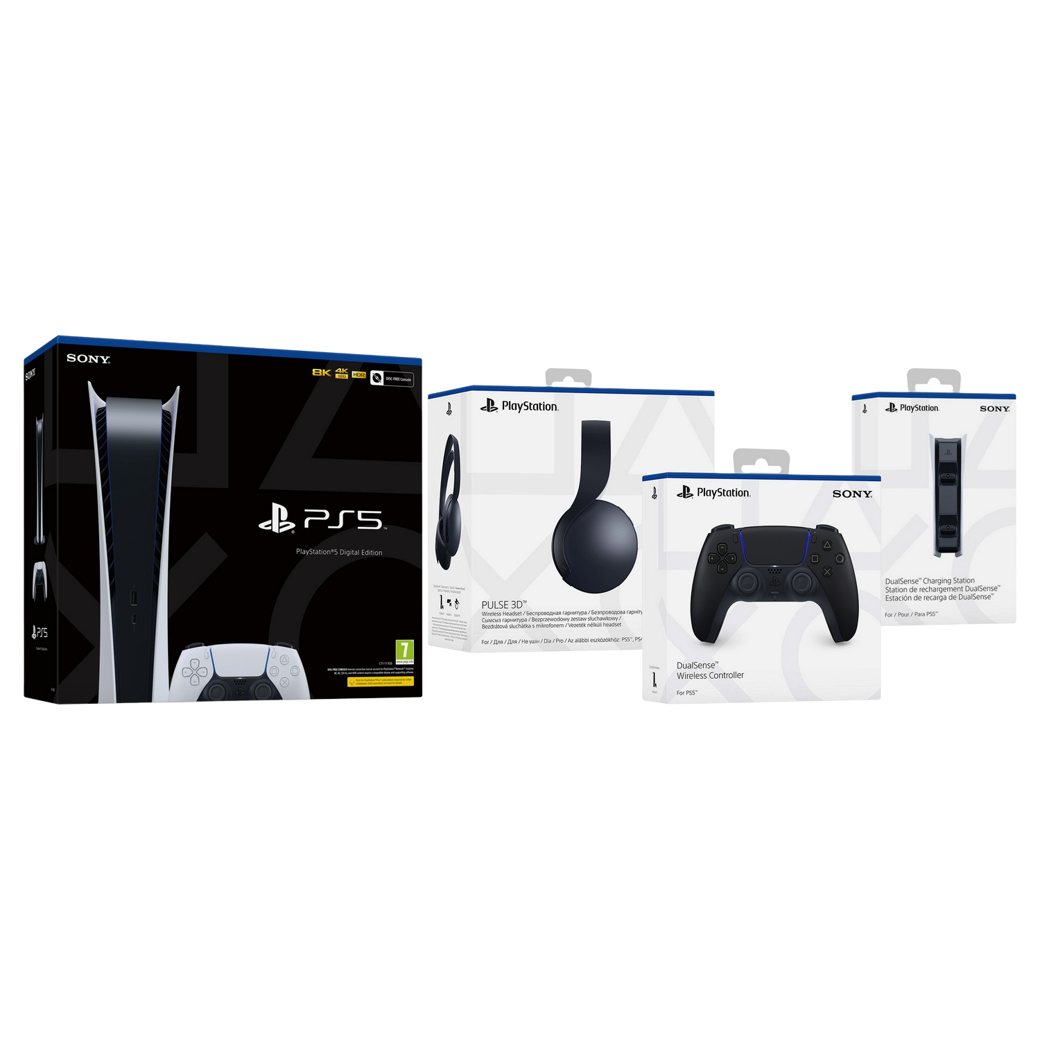 Consola - Sony PS5 Digital, 825GB, 4K, HDR, Blanco + 2 Mandos DualSense blanco/negro + Auriculares Pulse 3D + Base de carga DualSense Charging Station