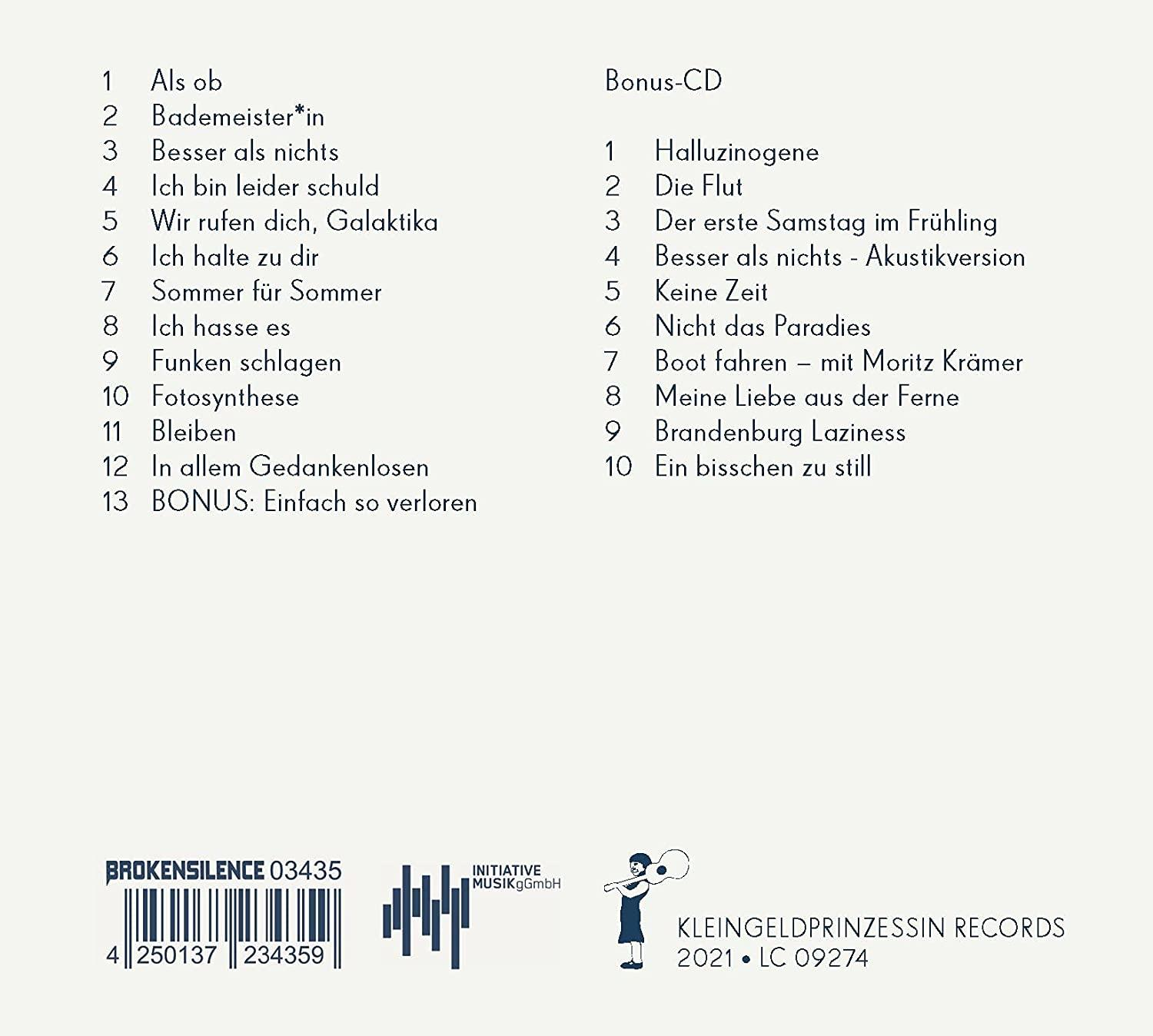 Die Rückseite einer CD mit Titellisten und dem Text 'BROKENSILENCE', 'KLEINGELDPRINZESSIN RECORDS' und dem Jahr 2021.